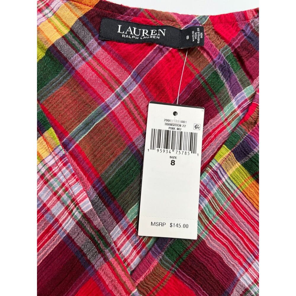 Lauren Ralph Lauren Pink Multi Plaid Crinkle Cotton Sleeveless Dress Size 8 NWT - Picture 3 of 12